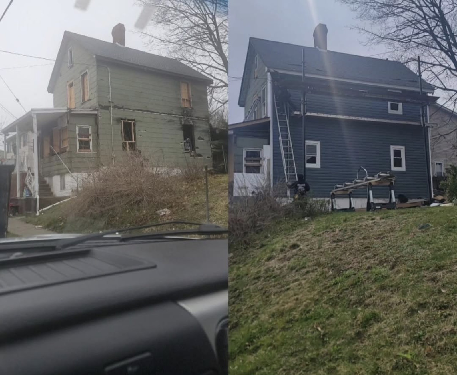 Before and after: a worn green two-storey home re-sided in blue with new windows and trim
