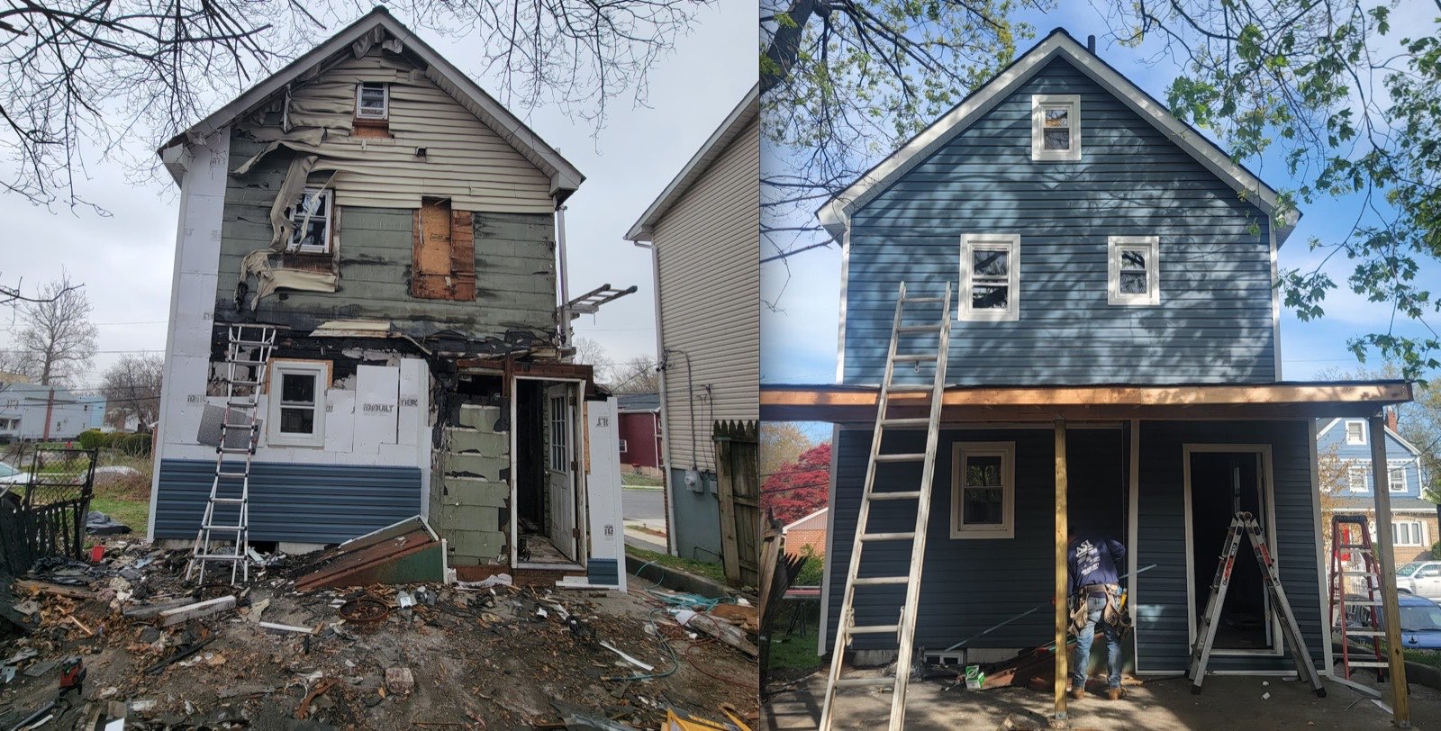 Before and after: a stripped-back house rebuilt with blue siding, new windows and a covered front porch