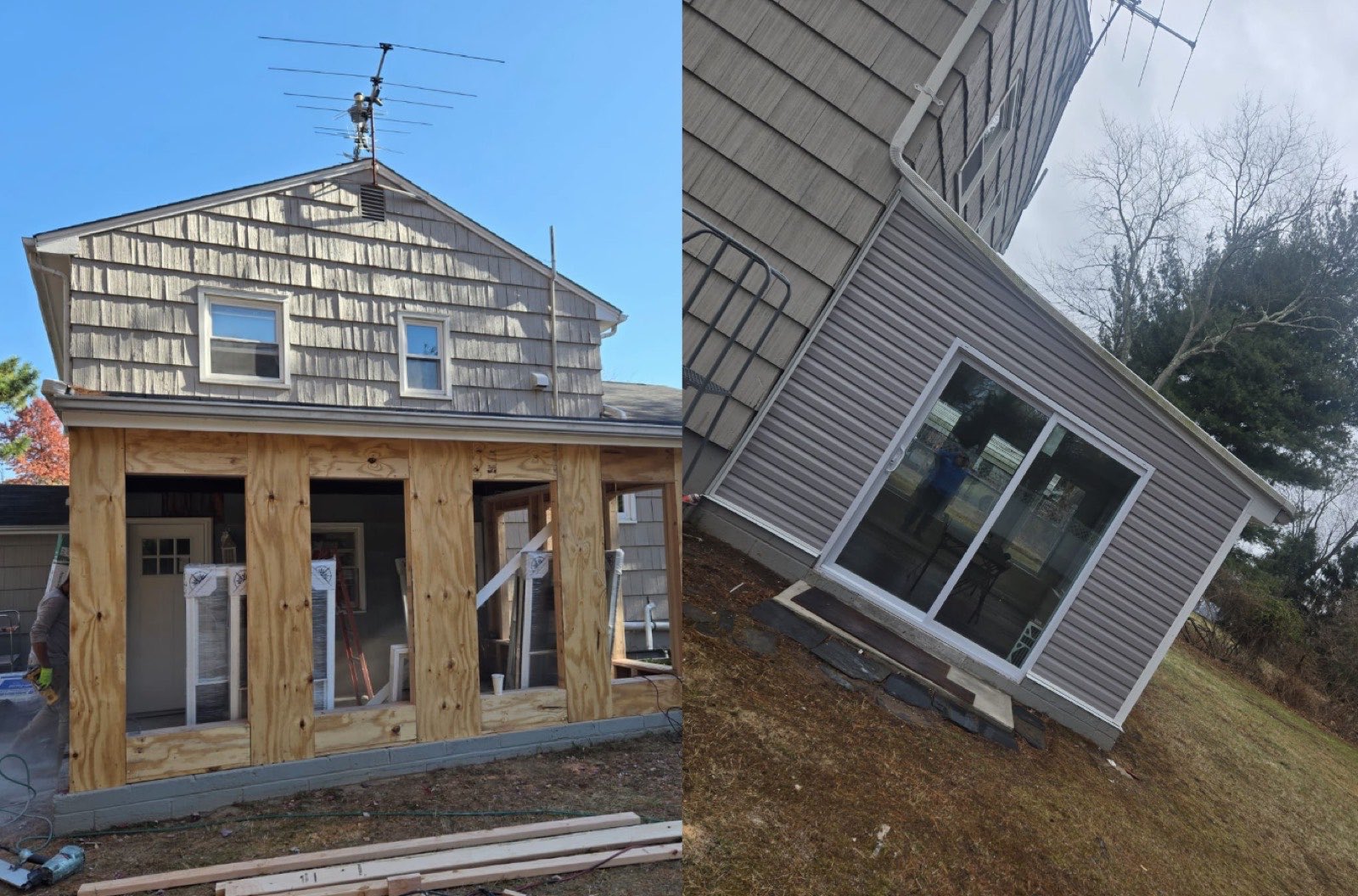 Before and after: a timber-framed rear addition finished with siding and a sliding glass door