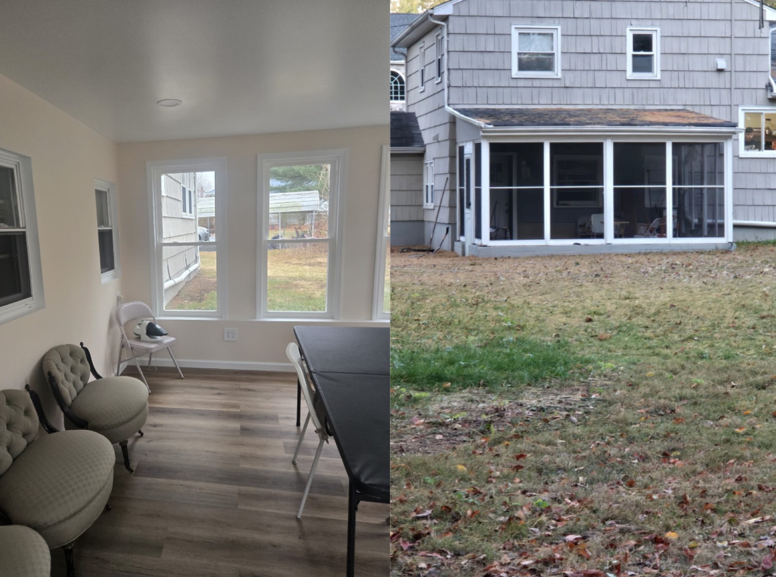 Finished sunroom shown from inside and from the yard